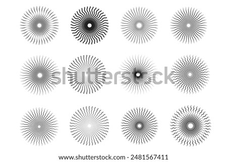 Sunburst set icons vector. Retro Sun Vector Icon. Sun rise light and  Light rays sunburst round decoration symbol. Abstract sunburst icon set. vector illustration.