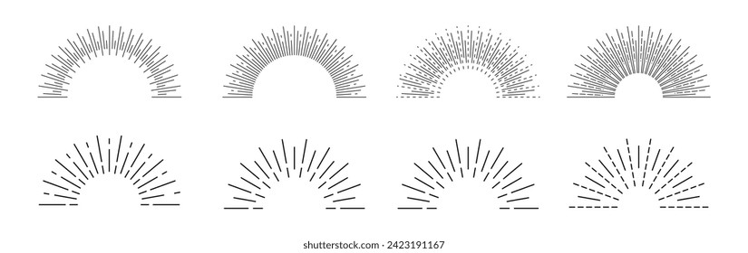 Sunburst set isolated. Vintage sunrise vector collection. Outline light rays elements. Firework explosion, stars, emblem, logo, tag.