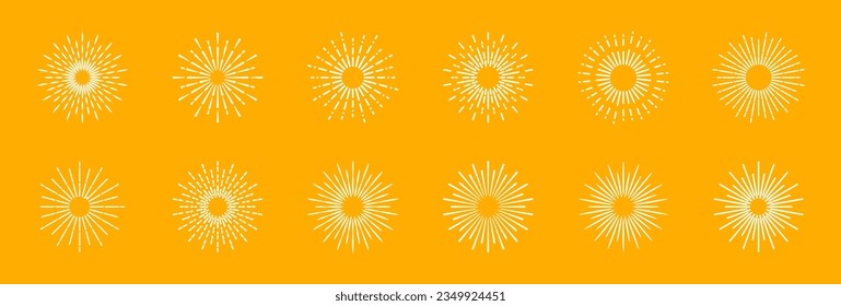 Sunburst set. Light rays collection. Vintage sunburst. Explosion, firework, sparks, star light, sun rays. Element for logotype, emblem, banner or lettering. Vector illustration. - Shutterstock ID 2349924451