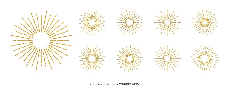 Sonnenbrand. Hellrochen-Goldsammlung. Vintage-Sonnenbrand. Explosion, Feuerwerk, Funken, Sternlicht, Sonnenstrahlen. Element für Logotypen, Embleme, Banner oder Buchstaben. Vektorgrafik.