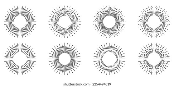 Sunburst set. Sunburst line illustration on white background.Sunrise rays light burst line sunshine sunbeam vintage border symbol. Big collection sunburst best quality. Vector illustration