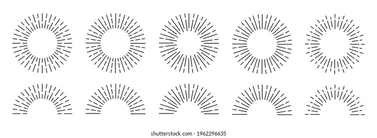 Sunburst set. Rays line shine icon collection. Sunshine, sunbeam and sunrise light vintage circles. Decoration design elements. Vector illustration.