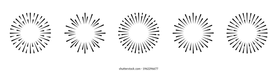 Sunburst set. Rays line shine icon collection. Sunshine, sunbeam and sunrise light vintage circles. Decoration design elements. Vector illustration.