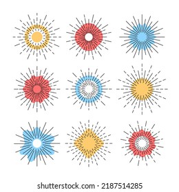 Sunburst set. Sun burst, rays collection. Line drawing. Vector illustration
