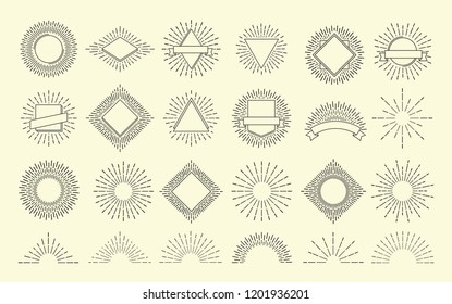 Sunburst set. Vintage burst radial emblem. Sunrise explosion frames. Sunshine, fireworks or sunset sunbeam blast retro hand drawn radial vector hipster graphic isolated icons