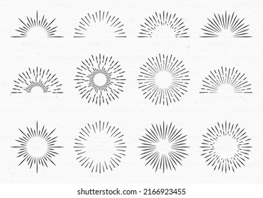 Sunburst set. Vintage sun light rays or burst design. Starburst collection isolated on the grunge background. Radial lines. Vector illustration.