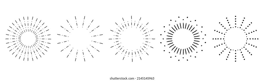 Sunburst set. Vintage sunrise collection.  Vector light rays elements. Firework explosion, stars, emblem, logo, tag. Vector Illustration 