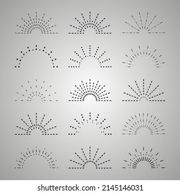 Sunburst set. Vintage sunrise collection.  Vector light rays elements. Firework explosion, stars, emblem, logo, tag. Vector Illustration 