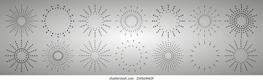 Sunburst set. Vintage sunrise collection.  Vector light rays elements on grey background. Vector Illustration 