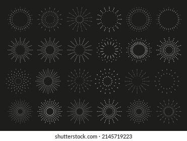 Sunburst set. Vintage sunrise collection.  Vector light rays elements on black background. Vector Illustration 