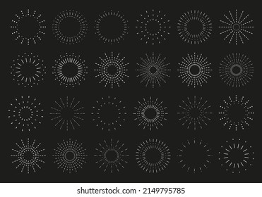 Sunburst set. Vintage sunrise collection.  Vector light rays elements on black background. Vector Illustration 