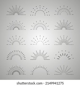 Sunburst set. Vintage sunrise collection.  Vector light rays elements. Firework explosion, stars, emblem, logo, tag. Vector Illustration 