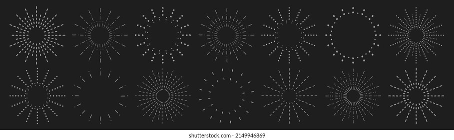 Sunburst set. Vintage sunrise collection.  Vector light rays elements on black background. Vector Illustration 