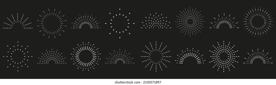 Sunburst set. Vintage sunrise collection.  Vector light rays elements on black background. Vector Illustration 