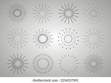 Sunburst set. Vintage sunrise collection.  Vector light rays elements. Firework explosion, stars, emblem, logo, tag. Vector Illustration
