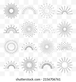 Sunburst set. Vintage sunrise collection.  Vector light rays elements. Firework explosion, stars, emblem, logo, tag. Vector Illustration 