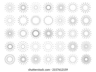 Coucher de soleil. Collection vintage du lever du soleil.  Image vectorielle éléments de rayons lumineux. Explosion de feux d'artifice, étoiles, emblème, logo, étiquette. Illustration vectorielle 