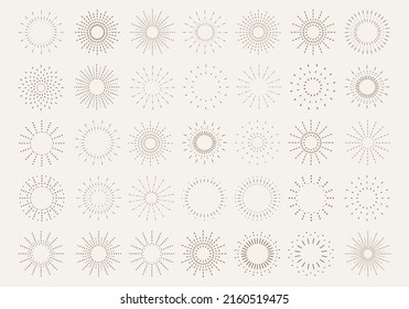 Sunburst set. Vintage sunrise collection.  Vector light rays elements. Firework explosion, stars, emblem, logo, tag. Vector Illustration 