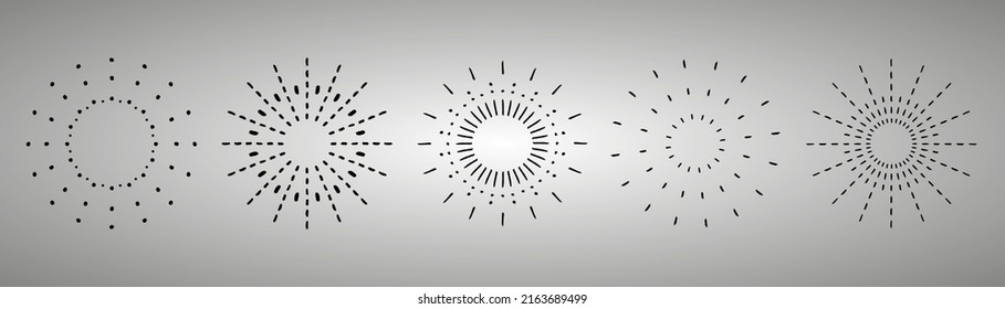 Sunburst set. Vintage sunrise collection.  Vector light rays elements. Firework explosion, stars, emblem, logo, tag. Vector Illustration 