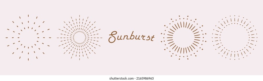 Sunburst set. Vintage sunrise collection.  Vector light rays elements. Firework explosion, stars, emblem, logo, tag. Vector Illustration 