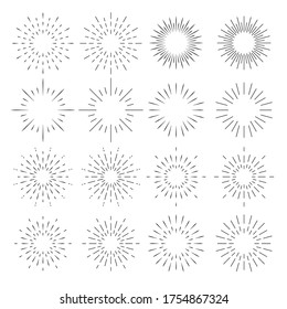 Sunburst set, Vintage Sunshine element, Light rays, radial sunbeam decoration. Vector