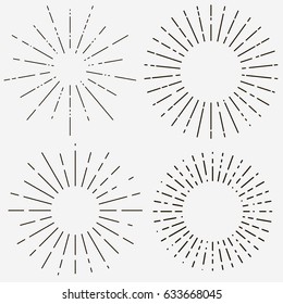 Sunburst set, Vintage Sunshine element, Light rays, radial sunbeam decoration. Vector