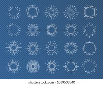 Sunburst set white color isolated on transparent background for decoration, logo, emblem, tag, badge. Star, firework explosion, rays of light collection. Vector Illustration 10 eps