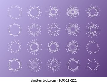 Sunburst set white color isolated on background for logo, tag, stamp, logotype, emblem, t shirt, banner. Firework explosion, star. Vector Illustration 10 eps