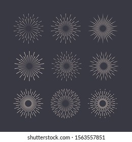 Sunburst set white style isolated on background for logotype, emblem, logo, tag. Firework explosion, star. Vector stock illustration.