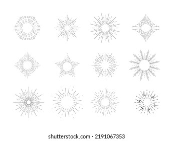 Sunburst shadow icons vector. Starburst, firework monochromes. Burst radiating from center of straight and spiral beams, lines. Set of simple elements for logo, signs.