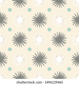 Sunburst shapes background seamless pattern with small polka dots. Vector design in winter colors, light beige and medium gray. Great for Christmas wrapping paper, neutral textiles, fashion and decor.