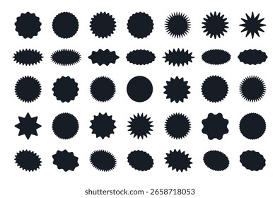 Marcas afiadas de explosão solar. O desconto oferece etiquetas de preço, zigzag bordas adesivos sunburst conjunto de ilustração de vetor plano. Etiquetas pretas de forma de explosão solar em branco