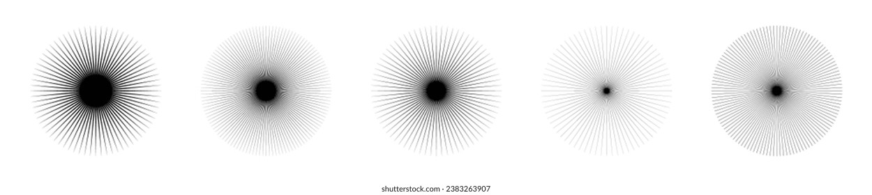Sunburst shine line Icon set. Radial sun beams. Fireworks collection. Starburst light explosion. Vector illustration.