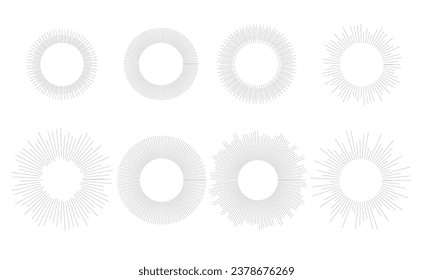 Rayo de brillo del sol y elemento de marco brillante en el estilo de dibujo del doodle. Brote de centelleo de círculo de sol, borde de estrellas. Ilustración vectorial aislada en fondo blanco.