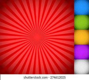 Sunburst, starburst background set, colorful rays, beams. Blue, green, yellow, purple and white versions.