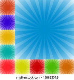 Sunburst, starburst pattern set in 10 colors - Radial, converging lines, stripes empty background set