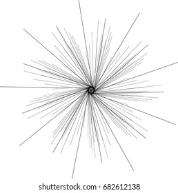 Sunburst, starburst shape black on white. Design element. Radiating radial merging lines, stripes or fireworks. Abstract circular geometric pattern. Vector illustration