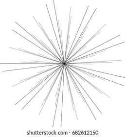 Sunburst, starburst shape black on white. Design element. Radiating radial merging lines, stripes or fireworks. Abstract circular geometric pattern. Vector illustration