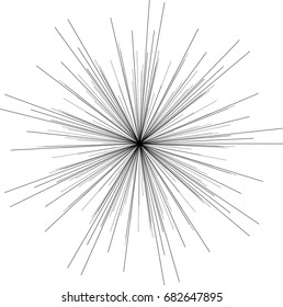 Sunburst, starburst shape black on white. Design element. Radiating radial merging lines, stripes or fireworks. Abstract circular geometric pattern. Vector illustration