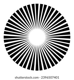  Sunburst, starburst shape isolated on white. Radiating, radial, circular geometric shape. Abstract sun rays, merging lines, beams element.

