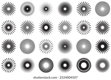 Sunburst, starburst shape. Set of elements, Set of sunburst design element, Set of rays, beams element. Vintage sun burst frames and design elements, Beams, rays, starburst, sunburst element, Vector 