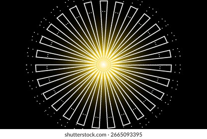 Gráfico de Vector Sunburst o starburst con un centro de degradado amarillo iluminador, líneas blancas radiantes y detalles punteados sobre un fondo negro