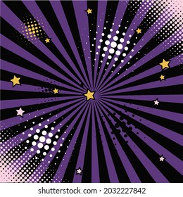 Salto de sol con estrellas y fondo vector medio punto abstracto en color violeta y negro