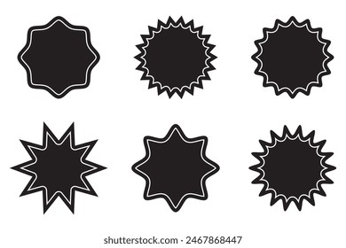 Sunburst sticker set. black sunburst stickers set isolated on white background. sunburst price stickers. black starburst, sunburst, stamp, seal, label and badge, sticker. vector illustration.