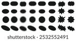 Sunburst sticker shapes. Rounded starburst zigzag badge, spiky oval, circle and star shaped price tag, discount and sale label stickers. Jagged silhouettes vector set.