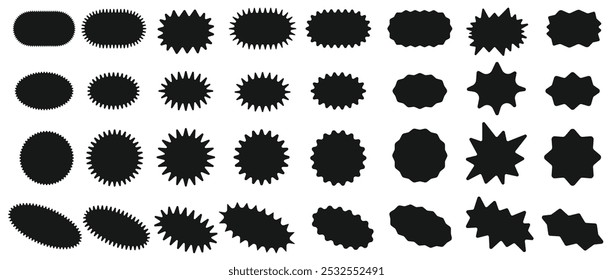 Sunburst sticker shapes. Rounded starburst zigzag badge, spiky oval, circle and star shaped price tag, discount and sale label stickers. Jagged silhouettes vector set.