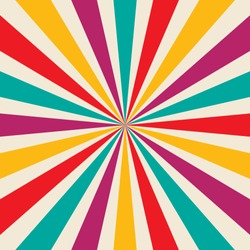 Sunburst Striped Background Design Vector In Purple Red Blue Yellow And White Colors, Vibrant Cheerful And Bright Retro Design In The Groovy Hippy 60s Style Illustration