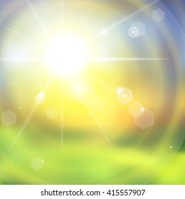 Sunburst with sun flare with green grass. Colorful sunset or sunrise. Vector illustration