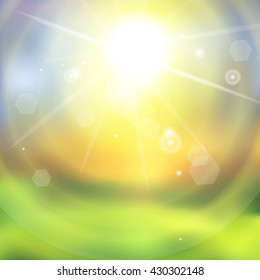Sunburst with sun flare with green grass. Colorful sunset or sunrise. Vector illustration