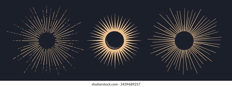 Sunburst, sun light ray. Vintage graphic set of light rays, sunburst and rays of sun. Hand drawn black design elements, linear drawing, vintage retro style on background. Vector Illustration